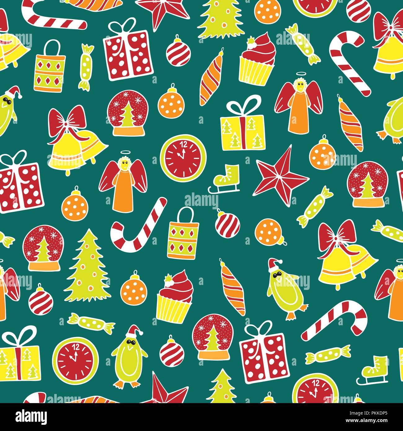 New Year seamless pattern on the green background. Stock Vector