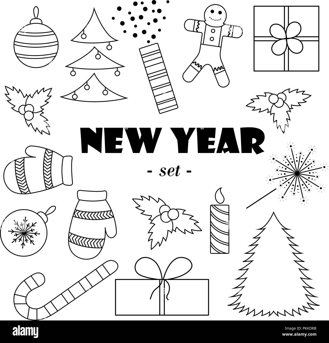 Set of blackandwhite New Year's elements.White background Stock
