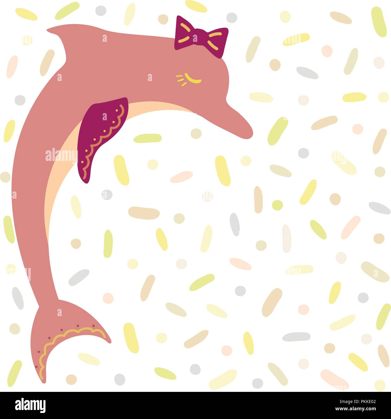 Romantic hand-drawn dolphin with a bow on the head. Stock Vector