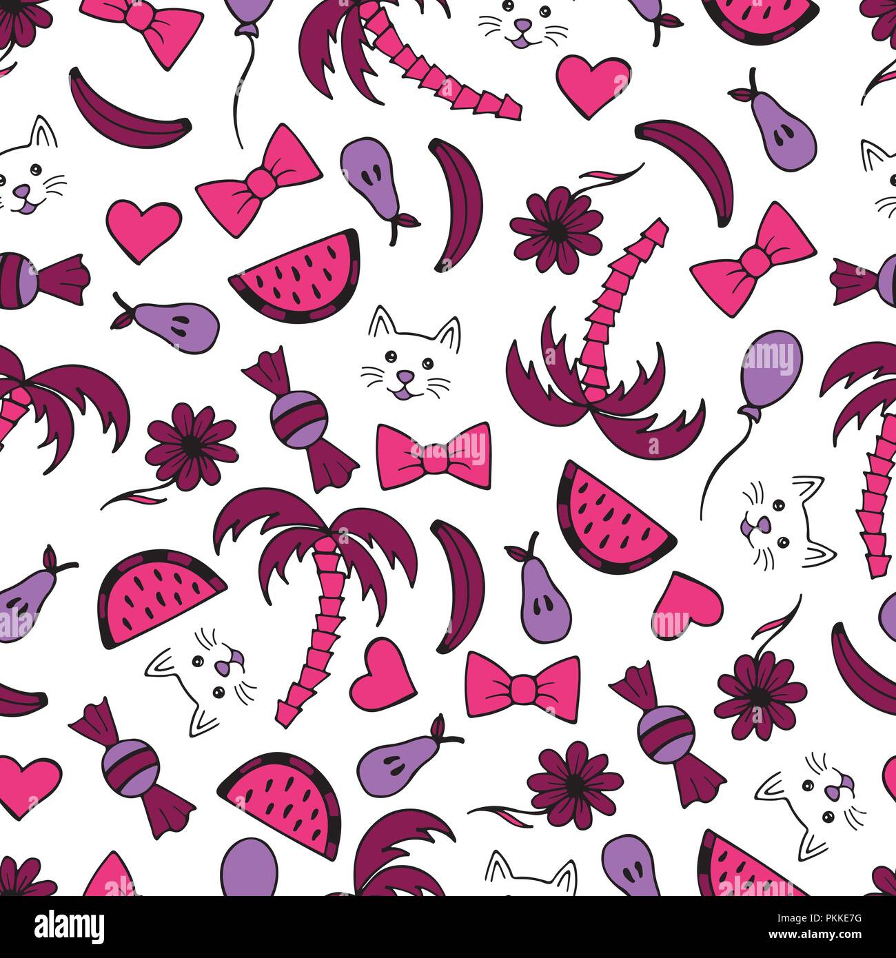 Cute seamless pattern with hand-drawn illustrations. Doodles. Stock Vector