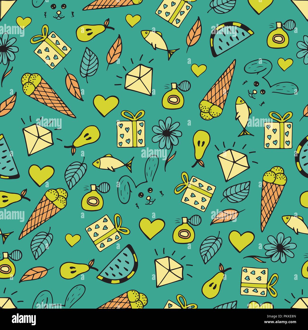 Cute seamless pattern with hand-drawn illustrations. Doodles. Stock Vector