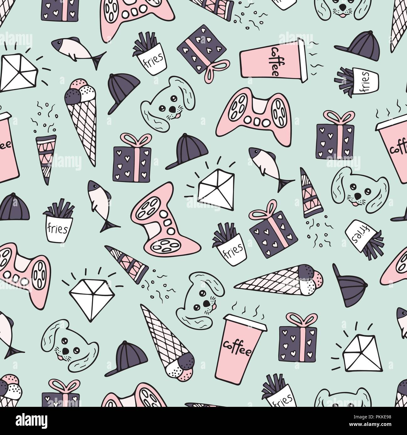 Cute seamless pattern with hand-drawn illustrations. Doodles. Stock Vector