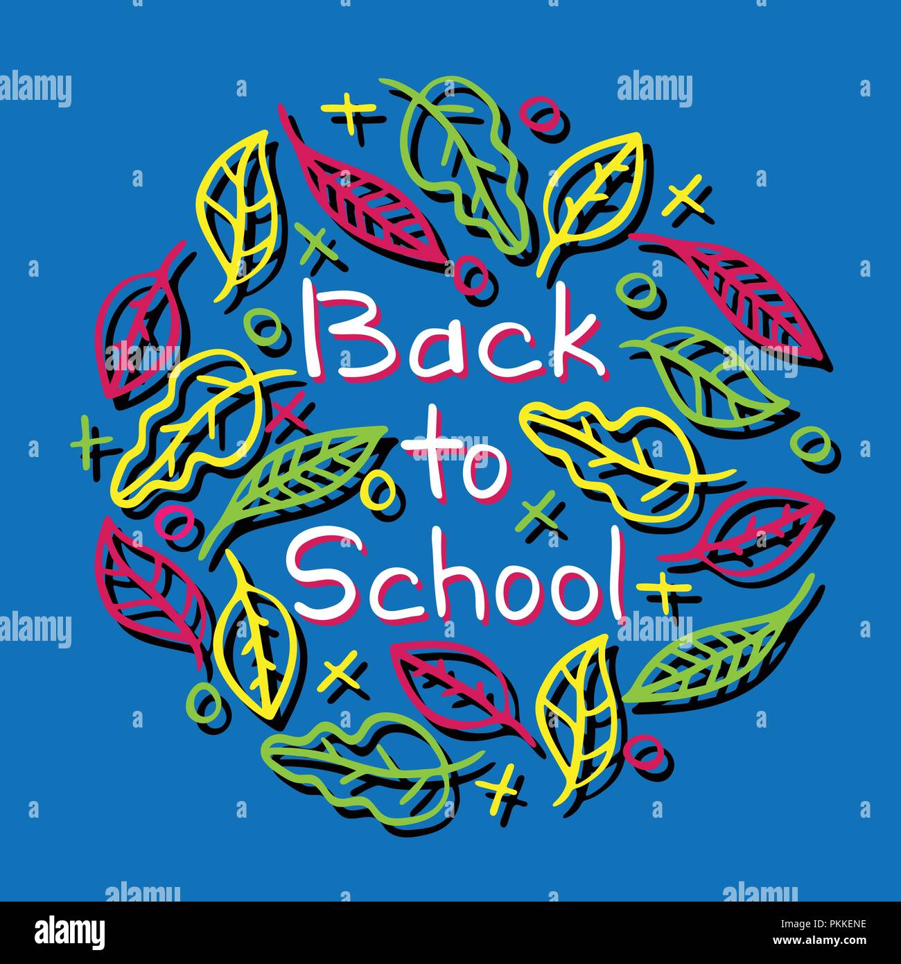 Hand-drawn lettering - Back to school, with leaves and tic-tac-toe. Stock Vector
