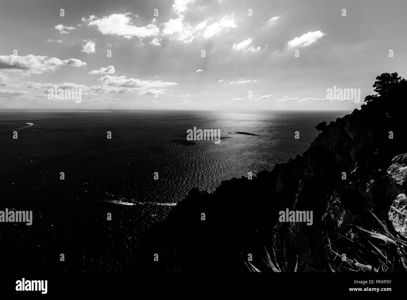 Beautiful aerial view of Napoli gulf from Capri island, with boat trails on the water Stock Photo