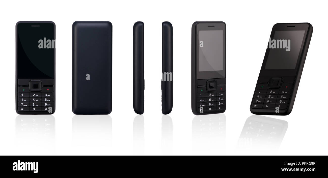 from different angles push-button mobile phone on white background with ...