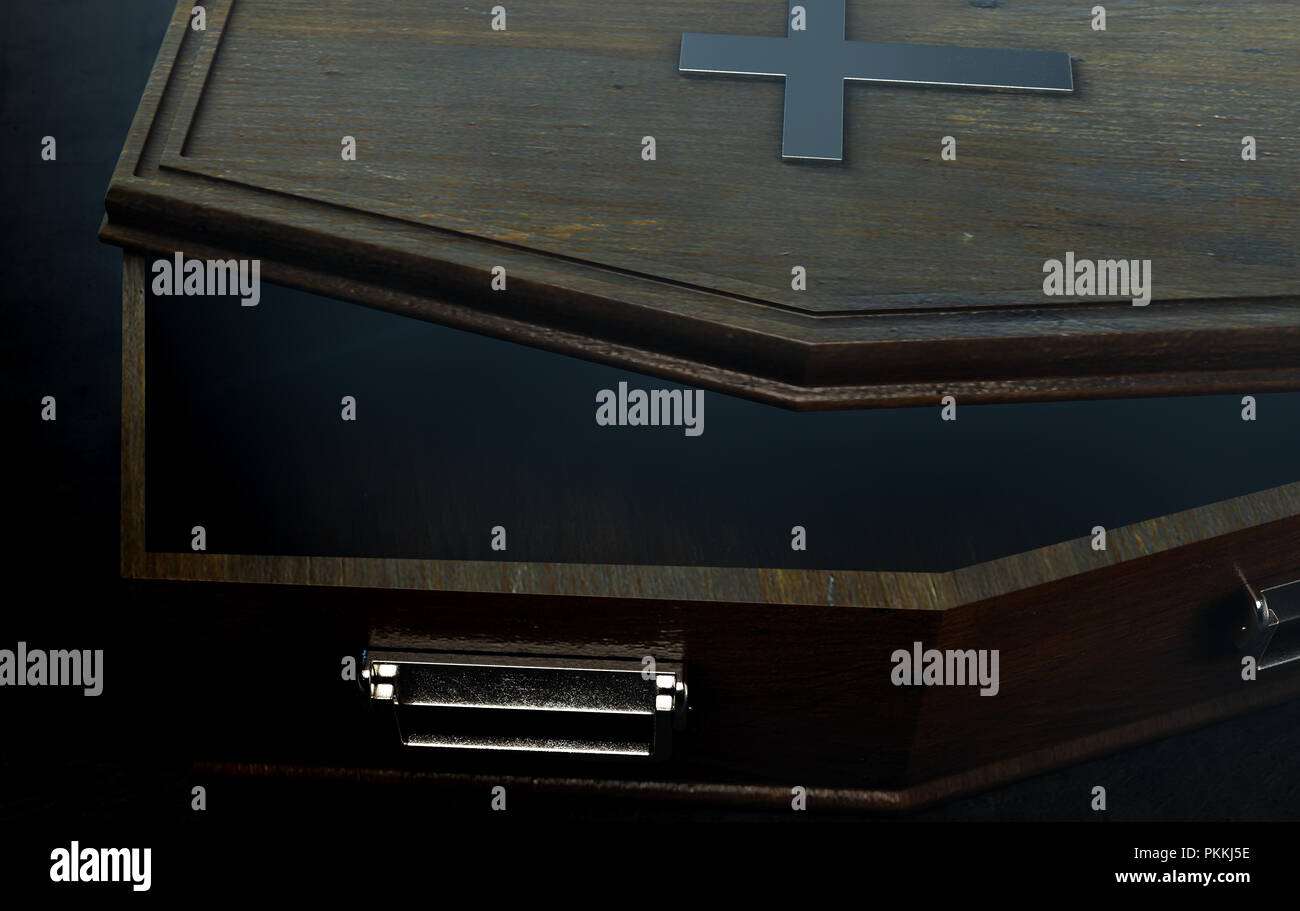A slightly open empty wooden coffin with a metal crucifix and handles on a dark ominous background - 3D Render Stock Photo