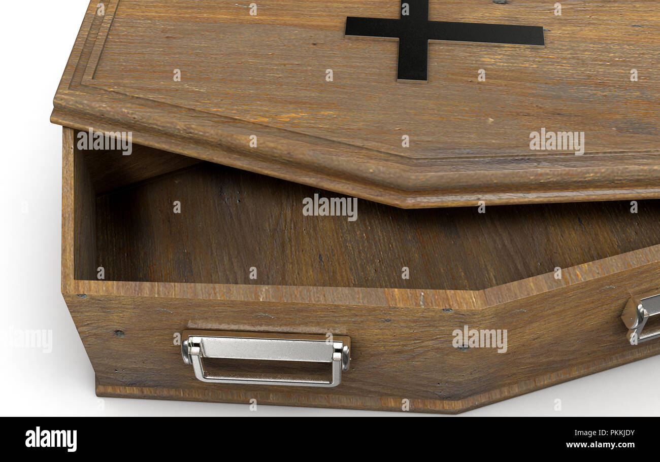 A slightly open empty wooden coffin with a metal crucifix and handles on an isolated white studio background - 3D Render Stock Photo