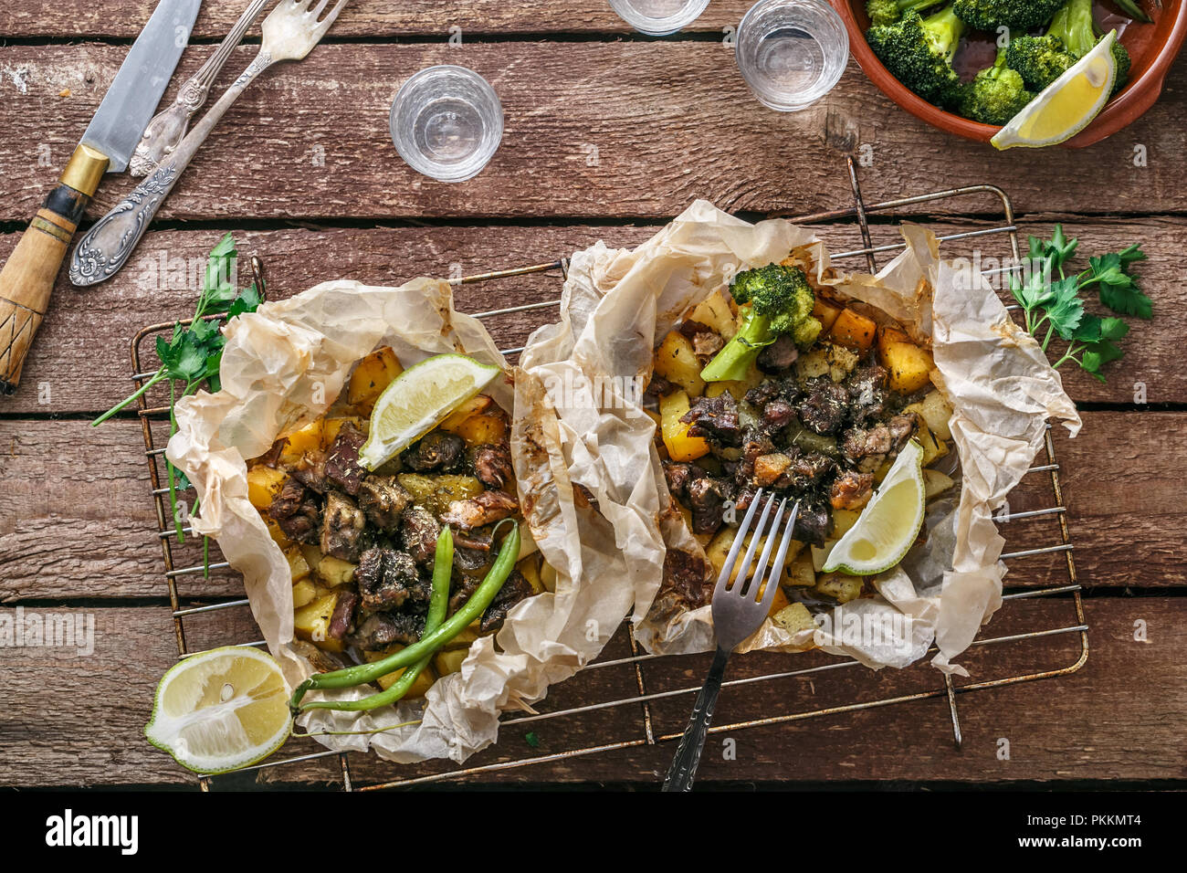 Traditional Greek kleftiko, an ovenbaked lamb stew with potato, olive