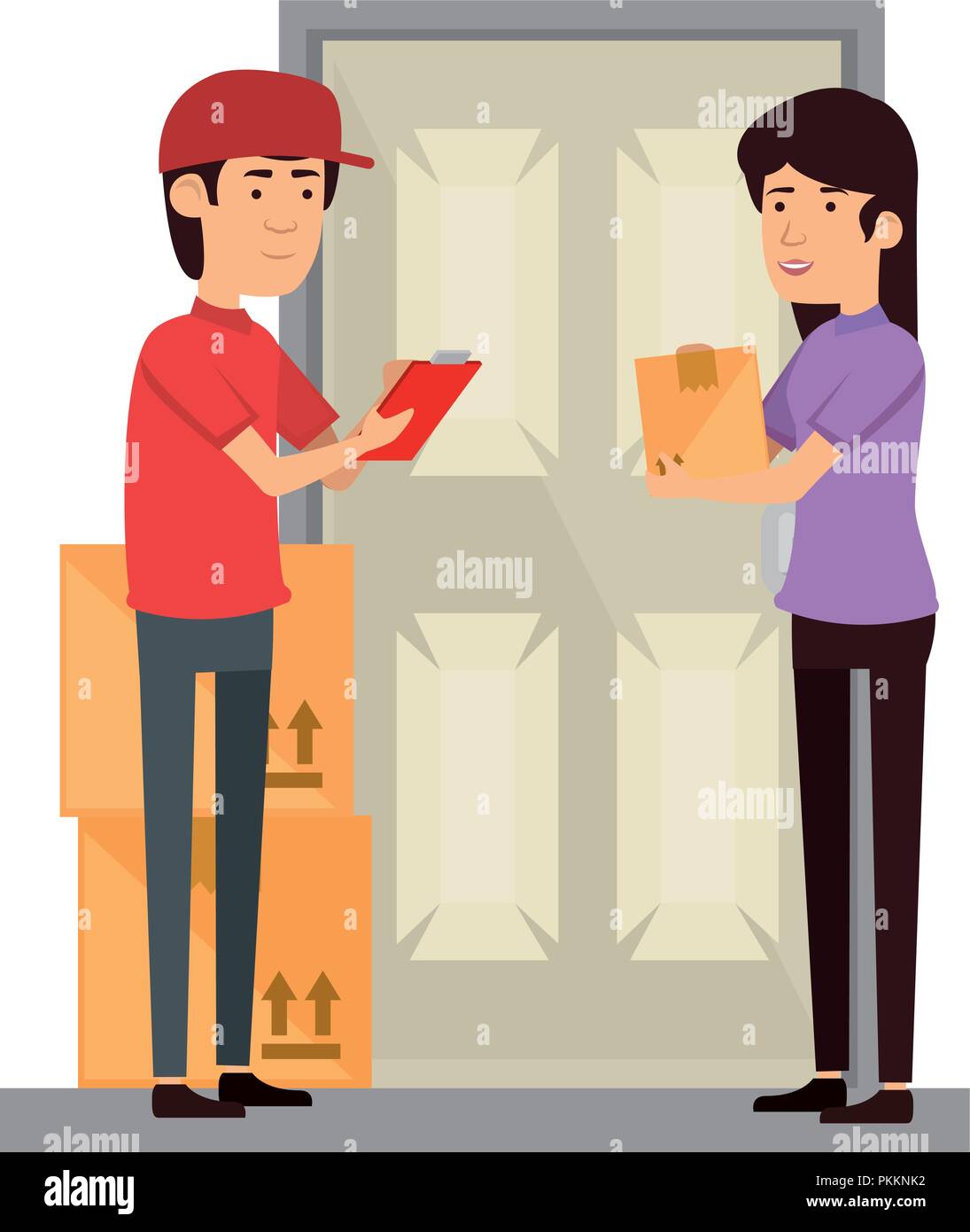 Delivery Worker With Woman Receiving In Door Stock Vector Image Art Alamy
