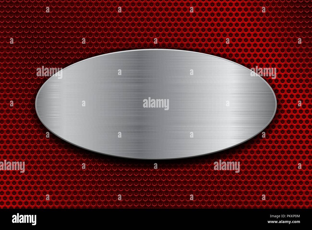 Brushed metal oval plate on red perforated background Stock Vector