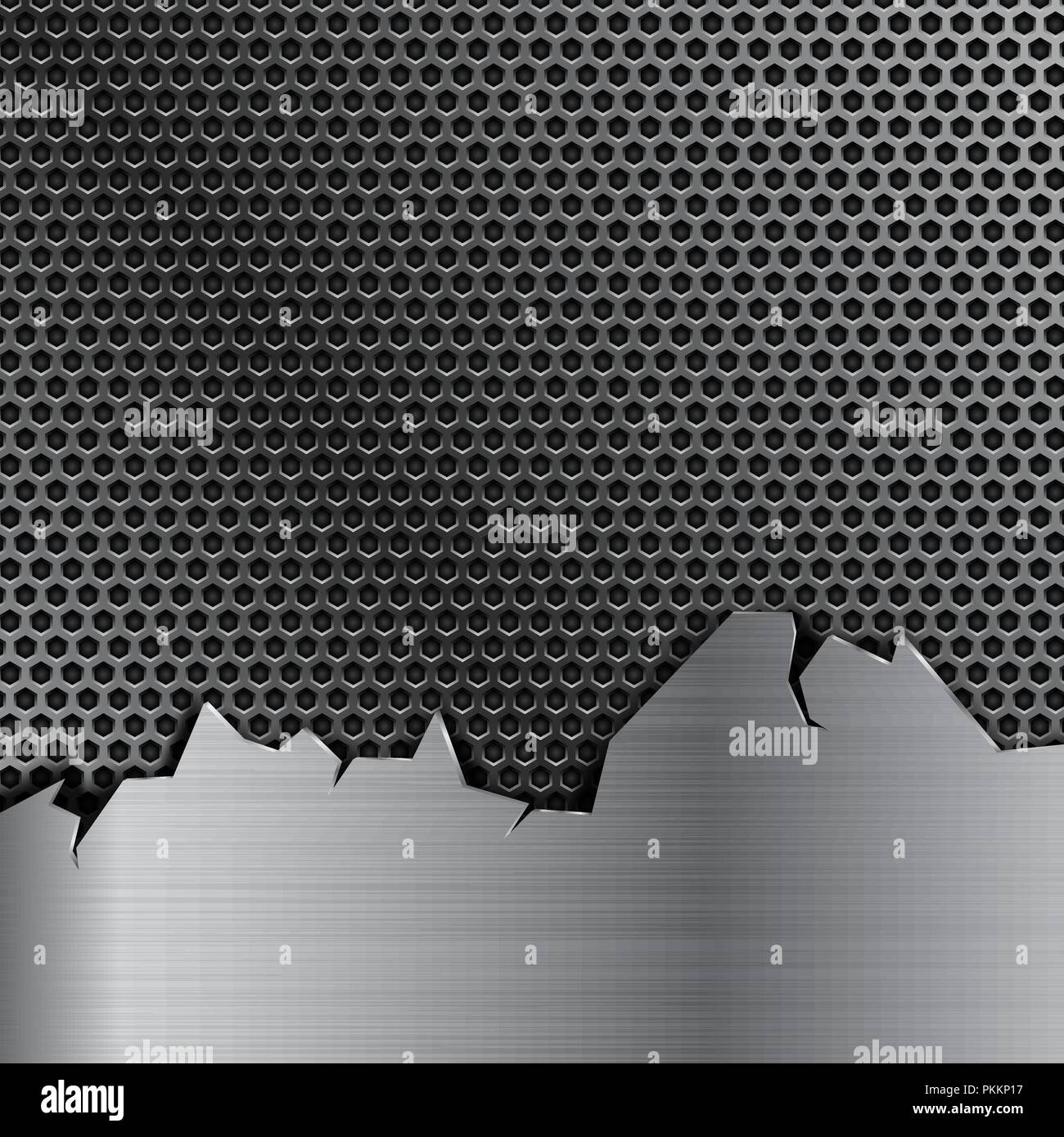 Metal perforated background with stainless steel element with torn