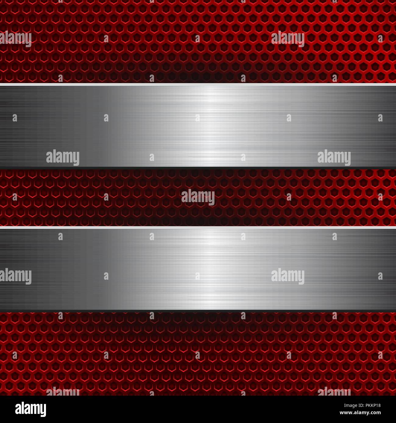 Red metal perforated background with brushed steel plates Stock Vector ...
