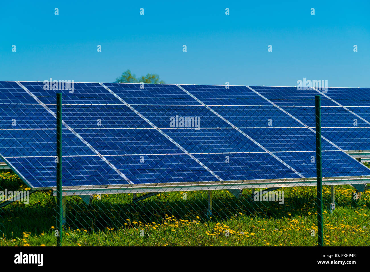 Solar Panels with sunlight and blue Stock Photo