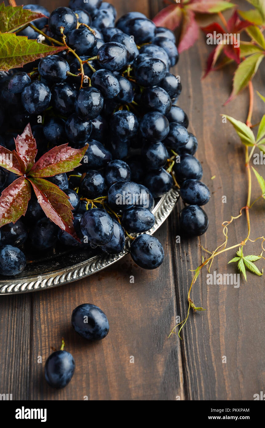 Fresh Black Grapes on Silver Plate Selective focus Stock Photo