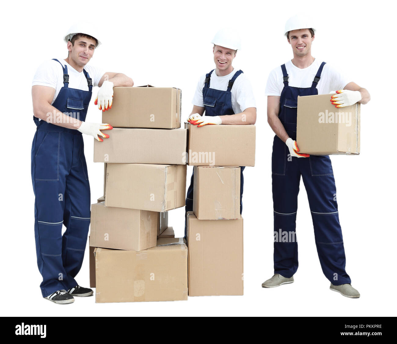 Group of people builders with boxes Stock Photo