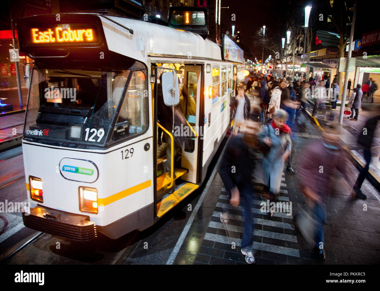 The northbound East Coburg tram stopped on Swanston Street in Melbourne's CBD. Stock Photo