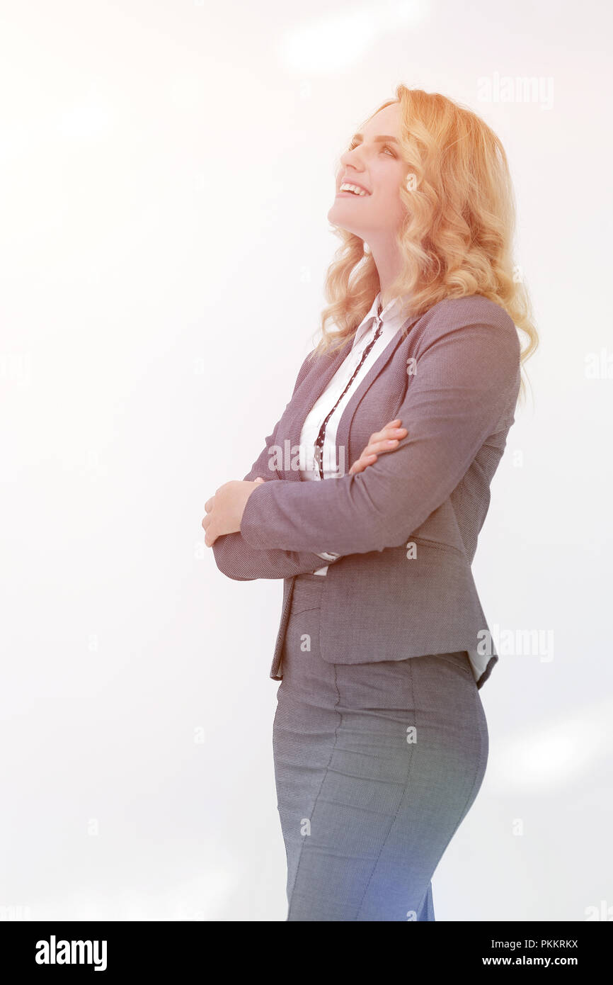happy business woman looking on copy space Stock Photo - Alamy