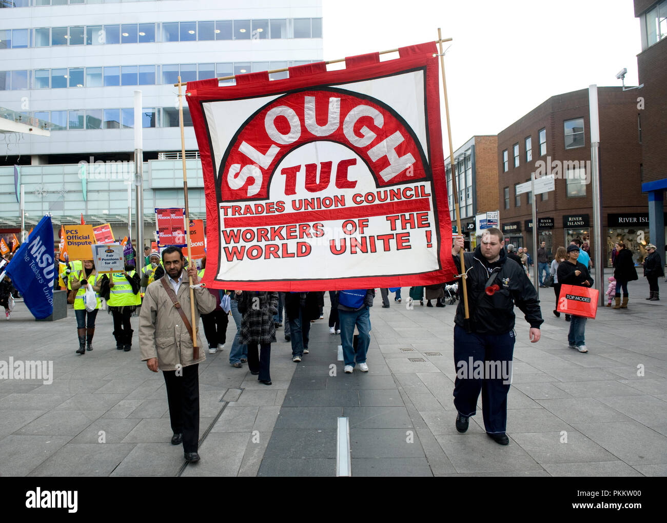 Public sector workers strike on the Town Square in Slough, Berks, England, part of a national one day strike against changes to public sector pensions Stock Photo