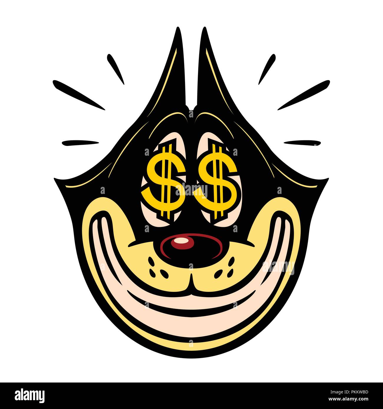 Vintage Toons: vintage cartoon character smiling greedy cat with money dollar sign in eyes sale easy money profit emoji vector illustration Stock Vector