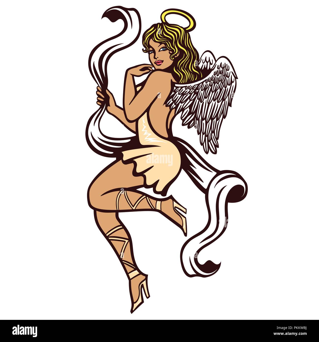 Sexy vintage pinup innocent girl in sensual winged angel outfit with holy saint halo vector illustration Stock Vector