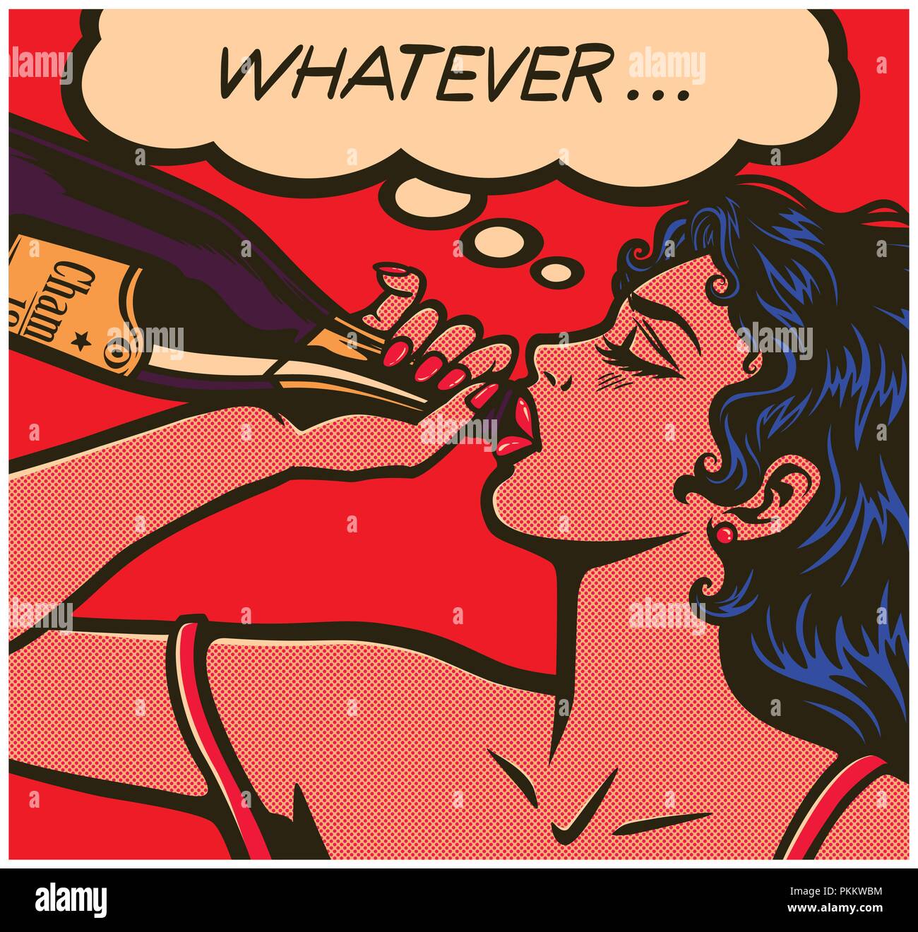 Pop art comic book careless desperate girl binge drinking to forget problems champagne bottle alcohol abuse vector illustration Stock Vector