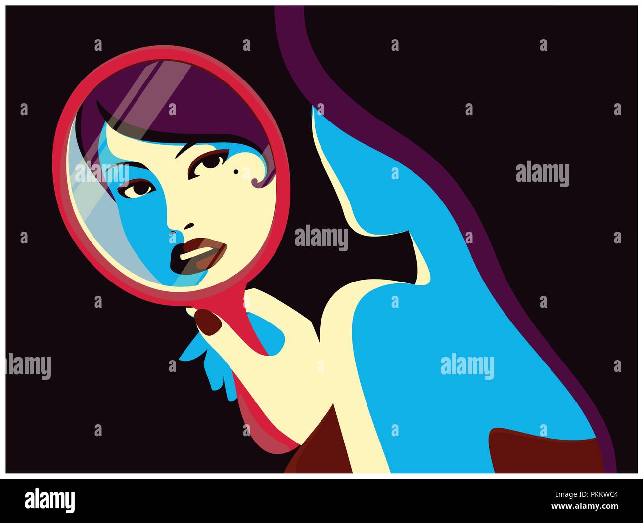 Woman looking at her face reflected in the mirror fashion minimal pop art style flat design vector illustration Stock Vector
