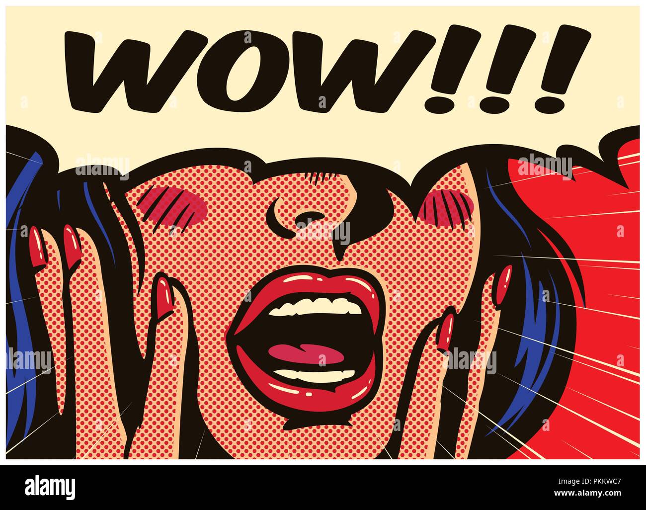 Retro pop art style surprised and excited comics woman with open mouth and speech bubble saying wow vintage vector illustration Stock Vector