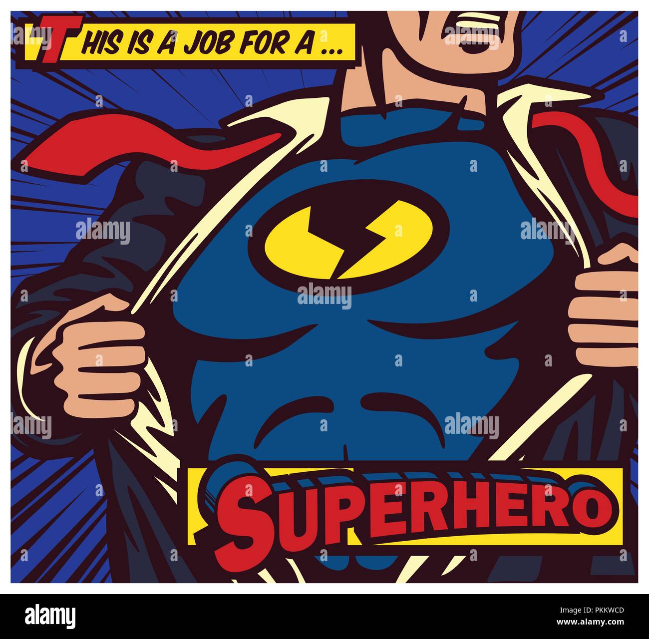 Pop art comic book style panel superhero tearing shirt and wearing costume vector poster illustration Stock Vector