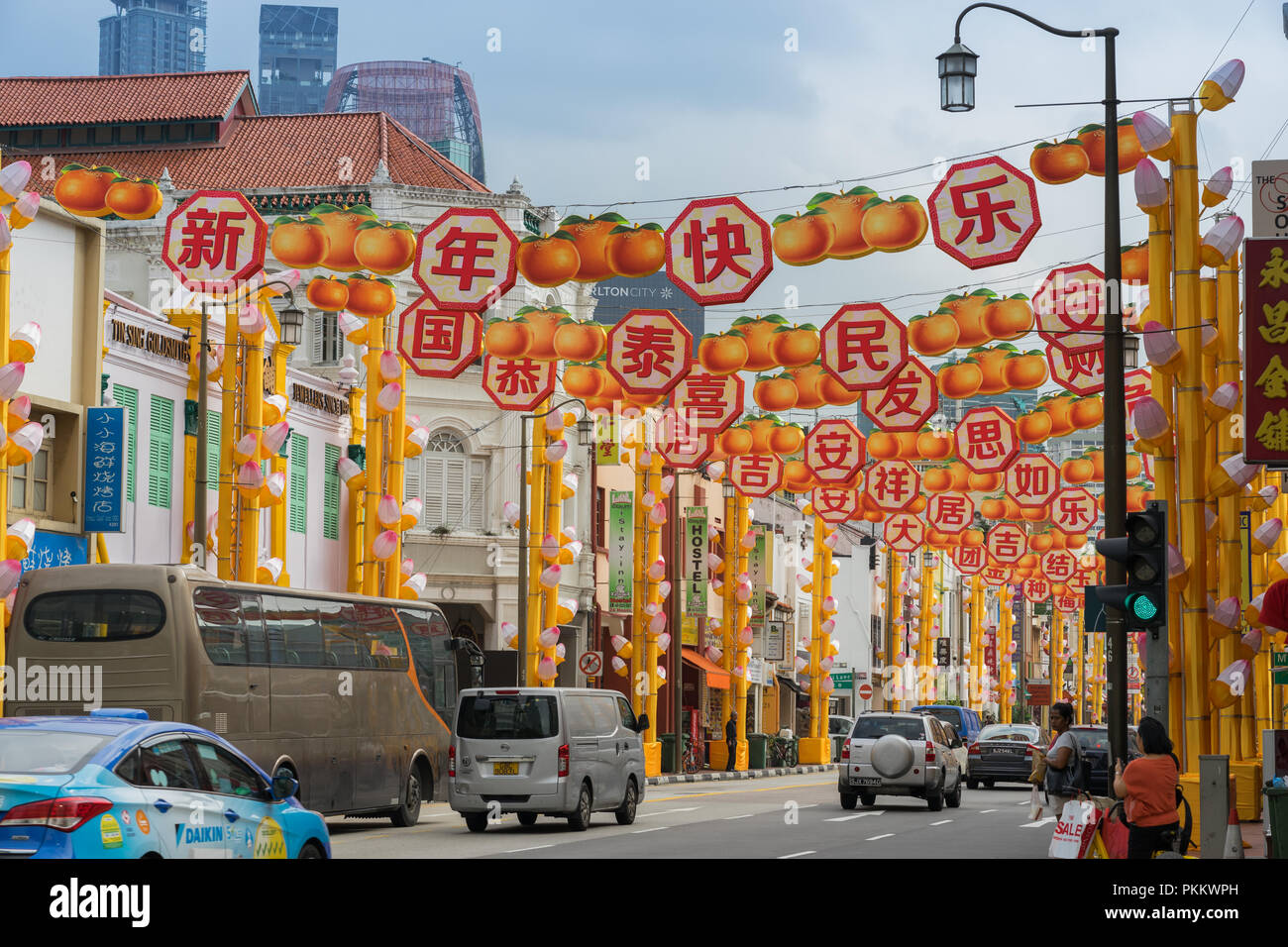 Singapore - February 08 2018: Festive Chinese New Year Decorations on the streets in Chinatown Stock Photo