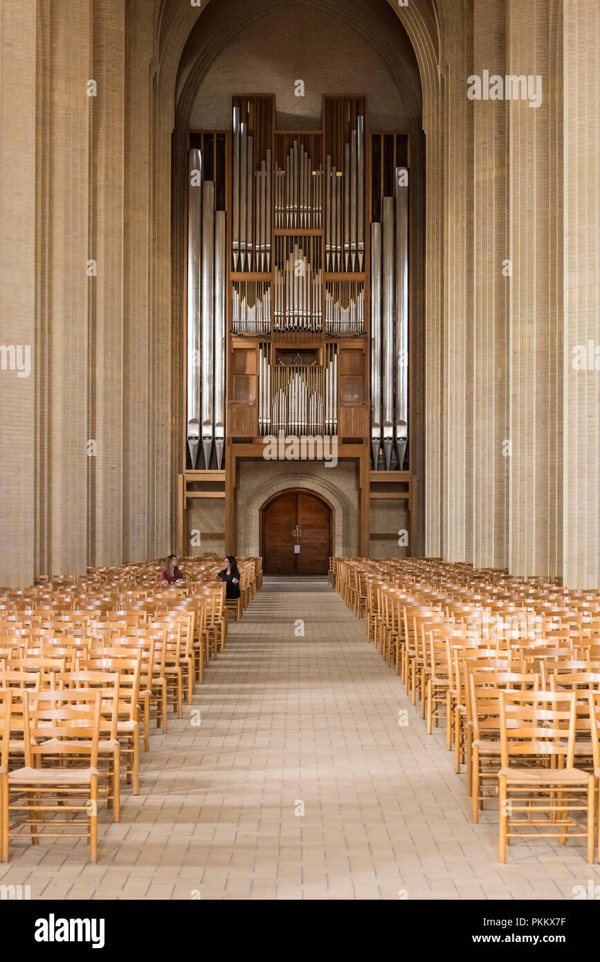 Copenhagen. Denmark. Grundtvig's Church interior, the great organ over the entrance dates from 1965 and was designed by Esben Klint and built by Marcu Stock Photo