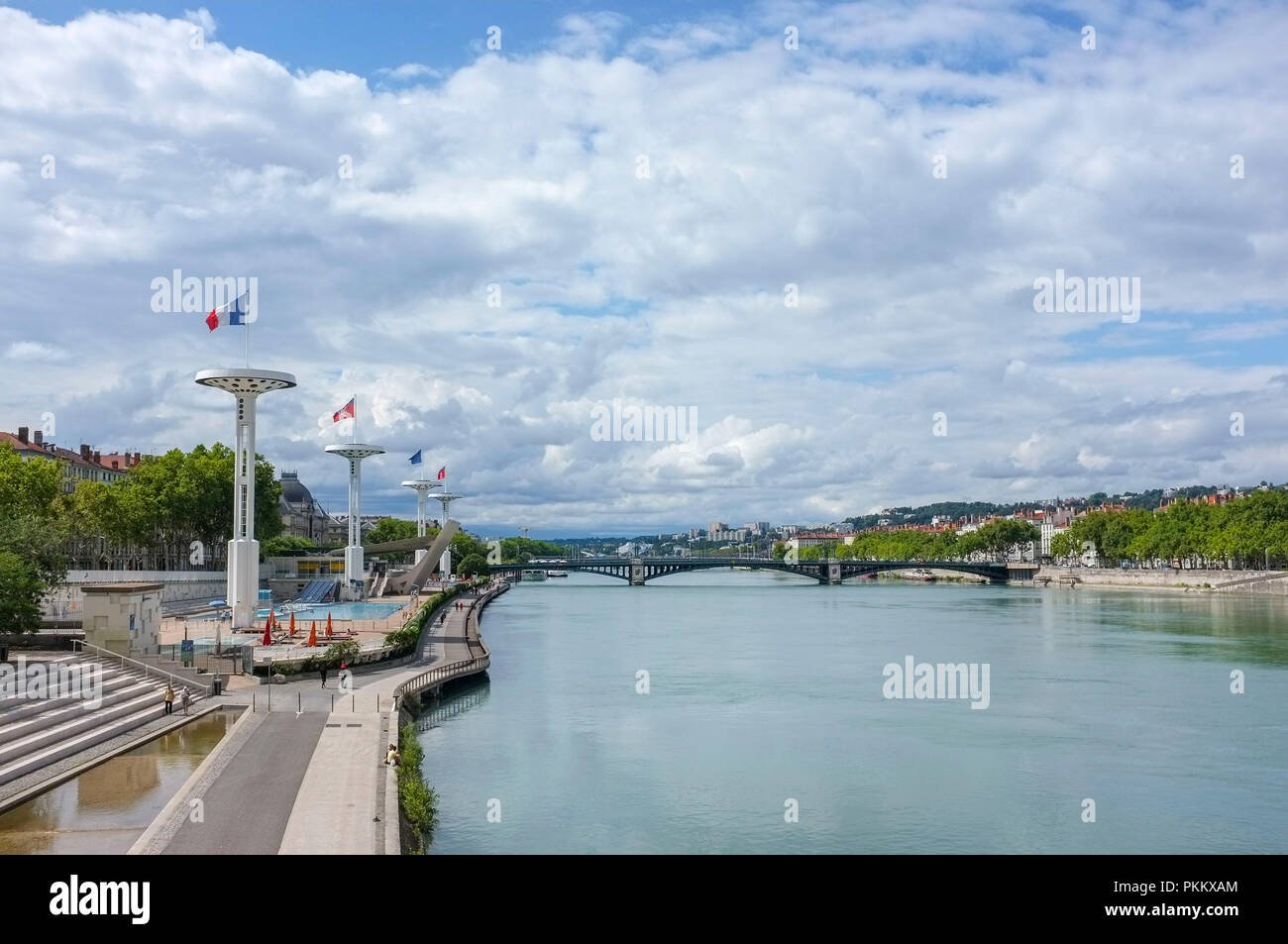 Berge Karen Blixen with the public swimming pool Centre Nautique Tony Bertrand and the Rhone river in Lyon France. Stock Photo