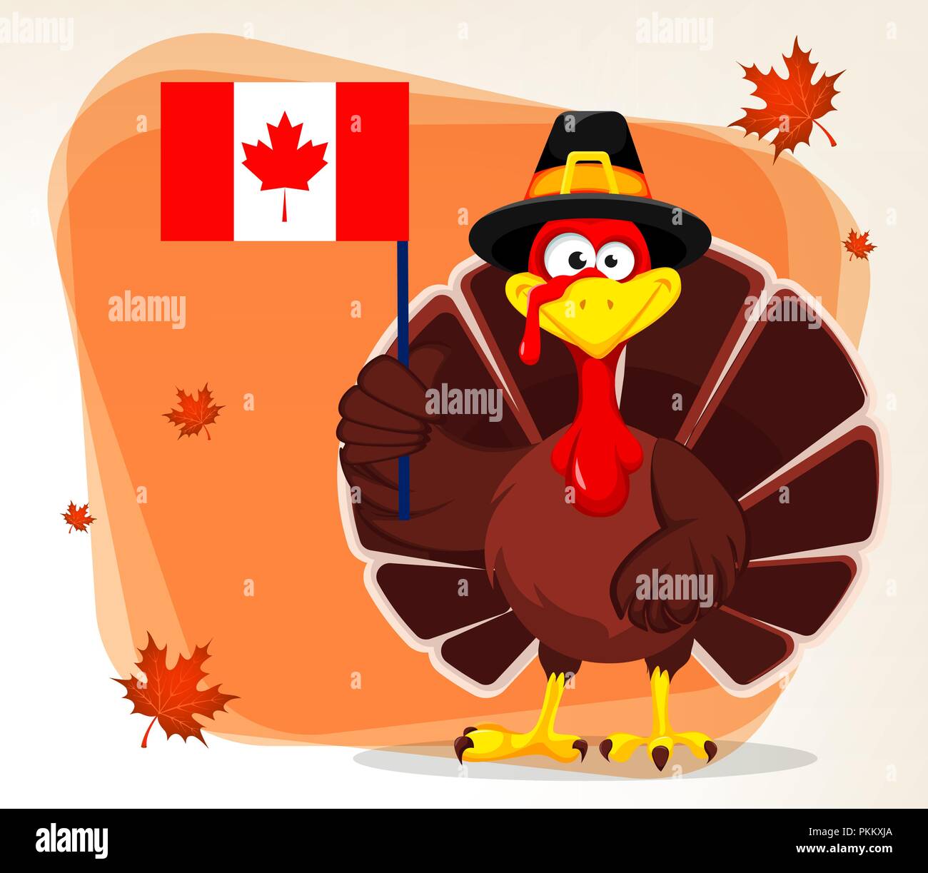 Thanksgiving greeting card with a turkey bird wearing a Pilgrim hat and holding Canadian national flag. Vector illustration on light background with m Stock Vector