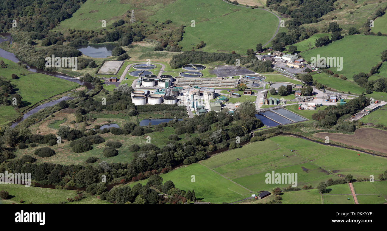aerial view of Burnley Wastewater Treatment Works, Reedley, Burnley Stock Photo