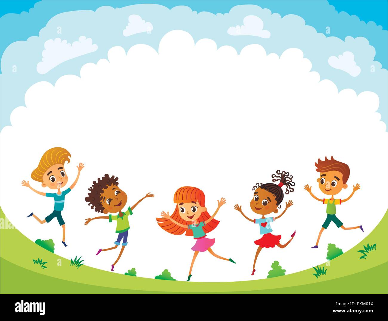 children are jumping on the glade, bunner cartoon funny vector, illustrator Stock Vector