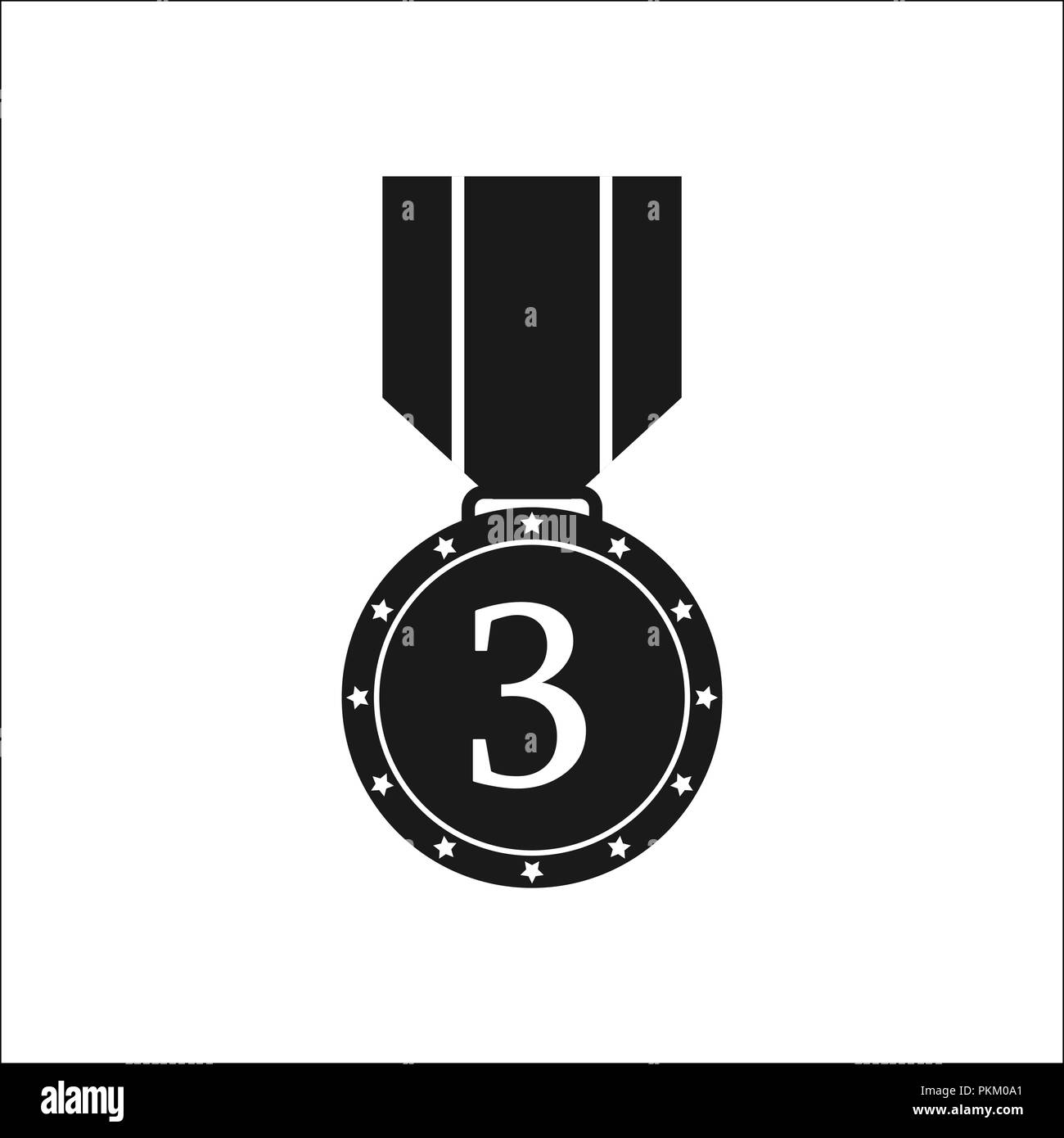 Medal icon with the number three, flat black and white image Stock Vector