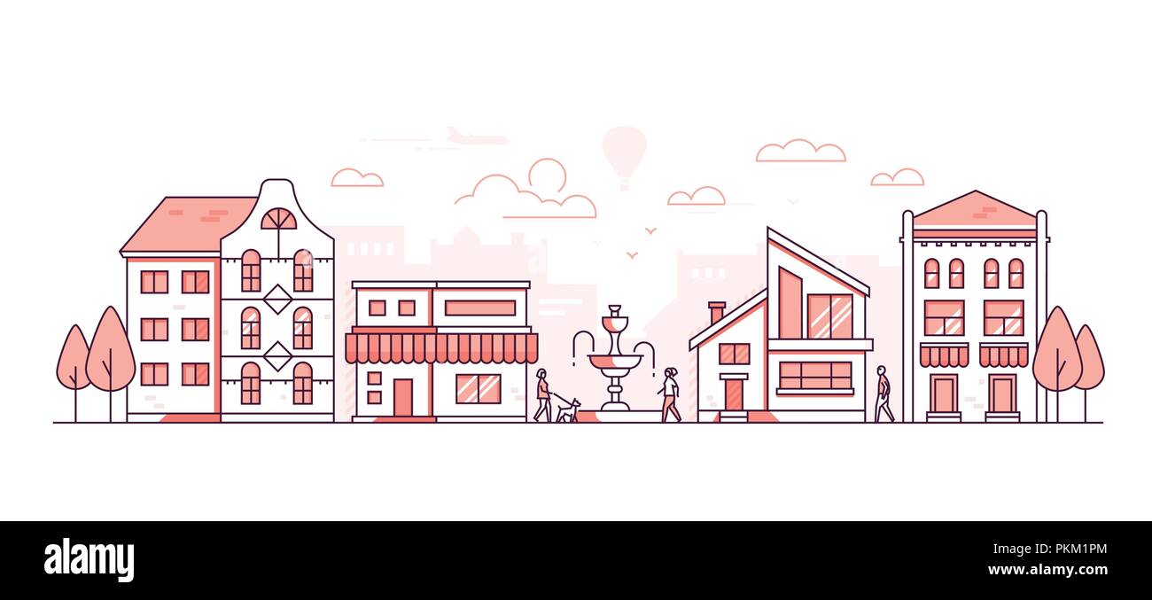 City life - modern thin line design style vector illustration on white ...