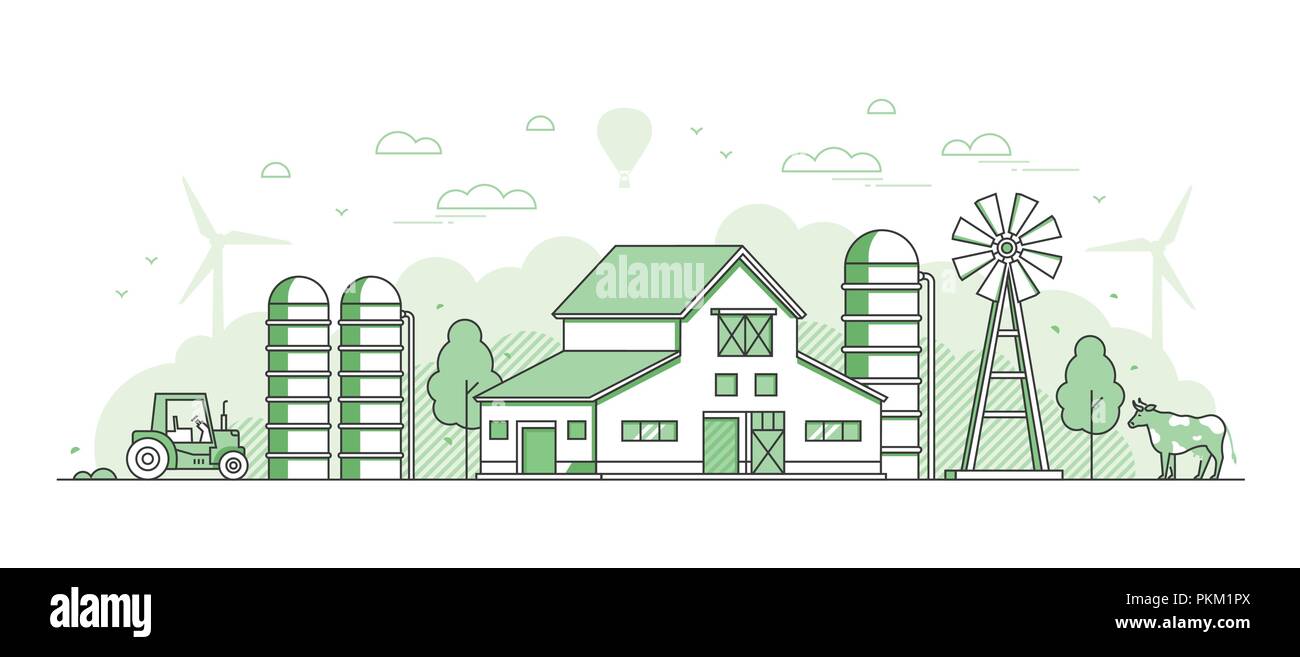 Eco farming - thin line design style vector illustration on white background. Green colored composition with windmill, barn, cow, tractor, silage towe Stock Vector
