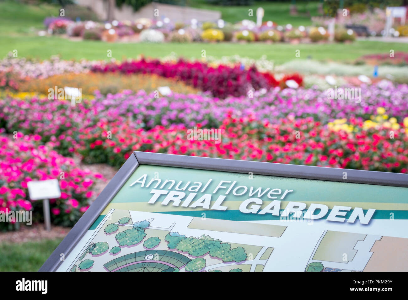 Fort Collins, CO, USA - September 16, 2015: Annual Flower Trial Garden at Colorado State University - information sign with flower bed in background. Stock Photo