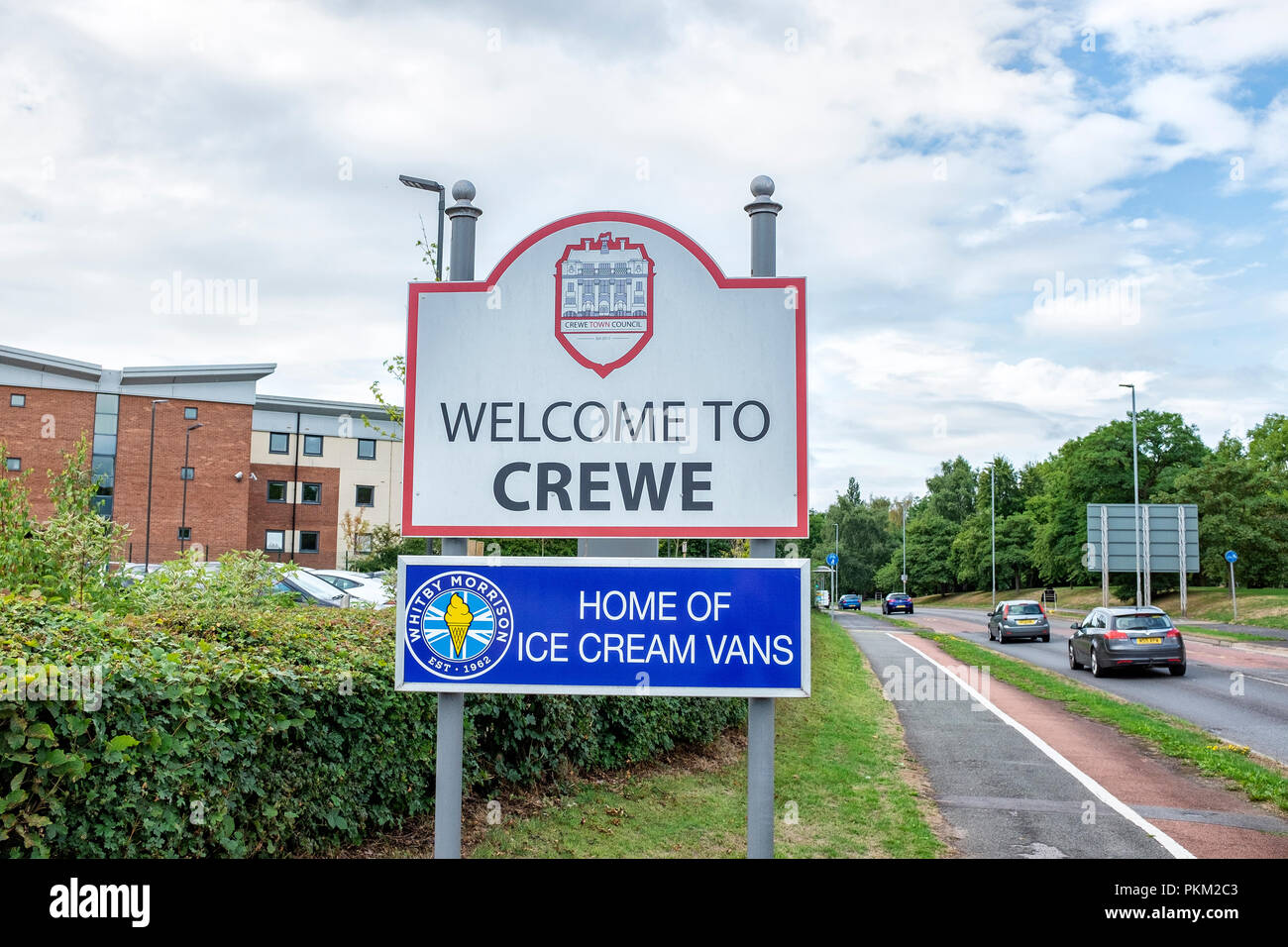to Crewe town sign with Whitby Morrisom Home of ice cream vans
