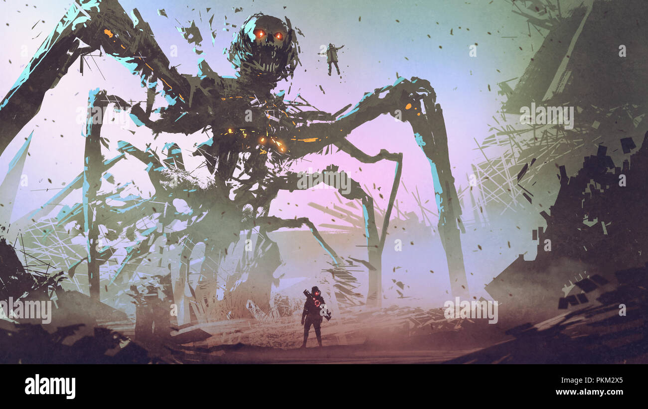 the man facing the giant spider robot, digital art style, illustration painting Stock Photo