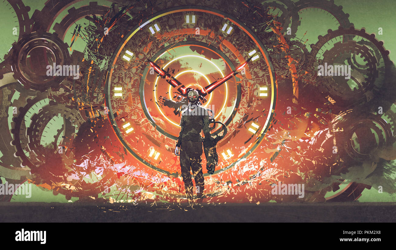 cyborg man standing on cogs gears wheels steampunk elements background, digital art style, illustration painting Stock Photo