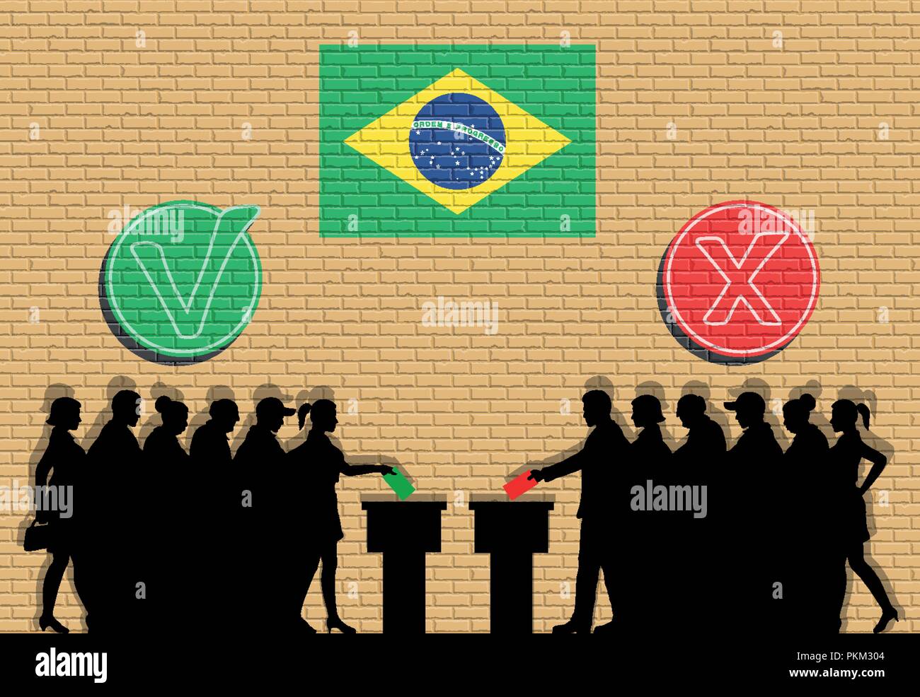 Brazilian voters crowd silhouette in election with check marks and