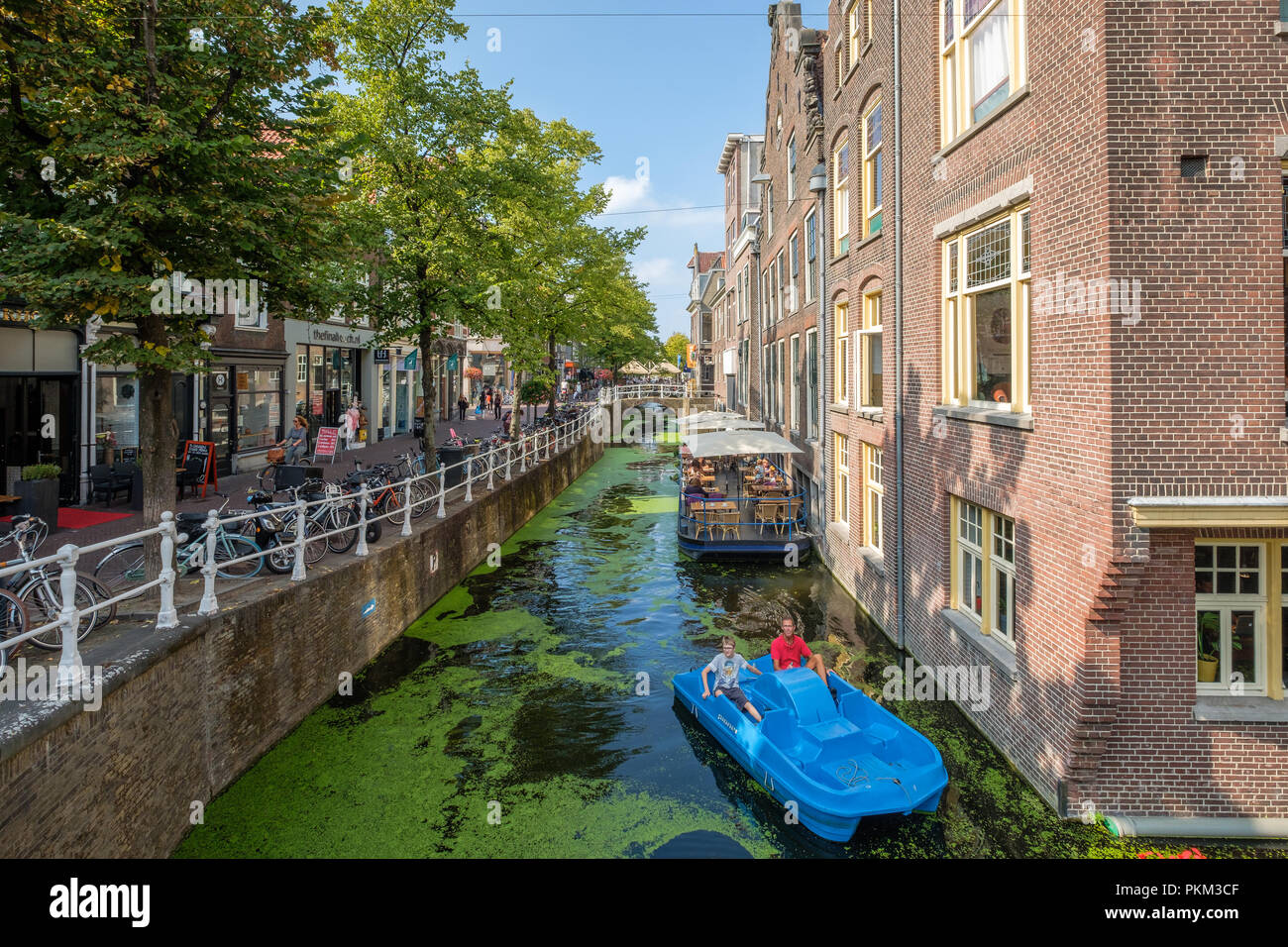 Father and son on a blue water bike sailing in a canal full of duckweed in Delft, the Netherlands. Stock Photo
