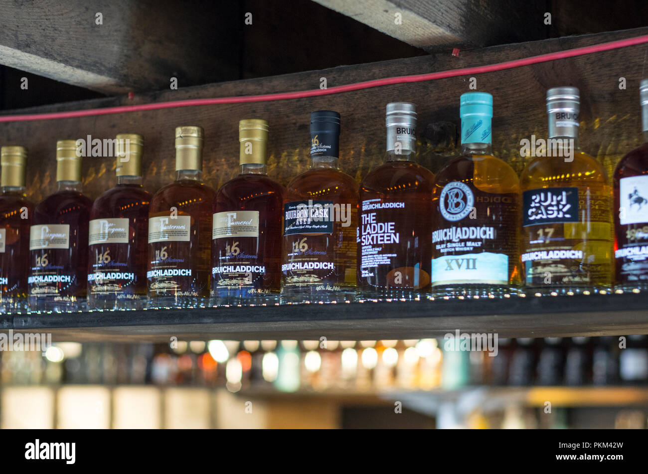 Whisky Bottles at Bruichladdich Distillery, Islay, Scotland Stock Photo