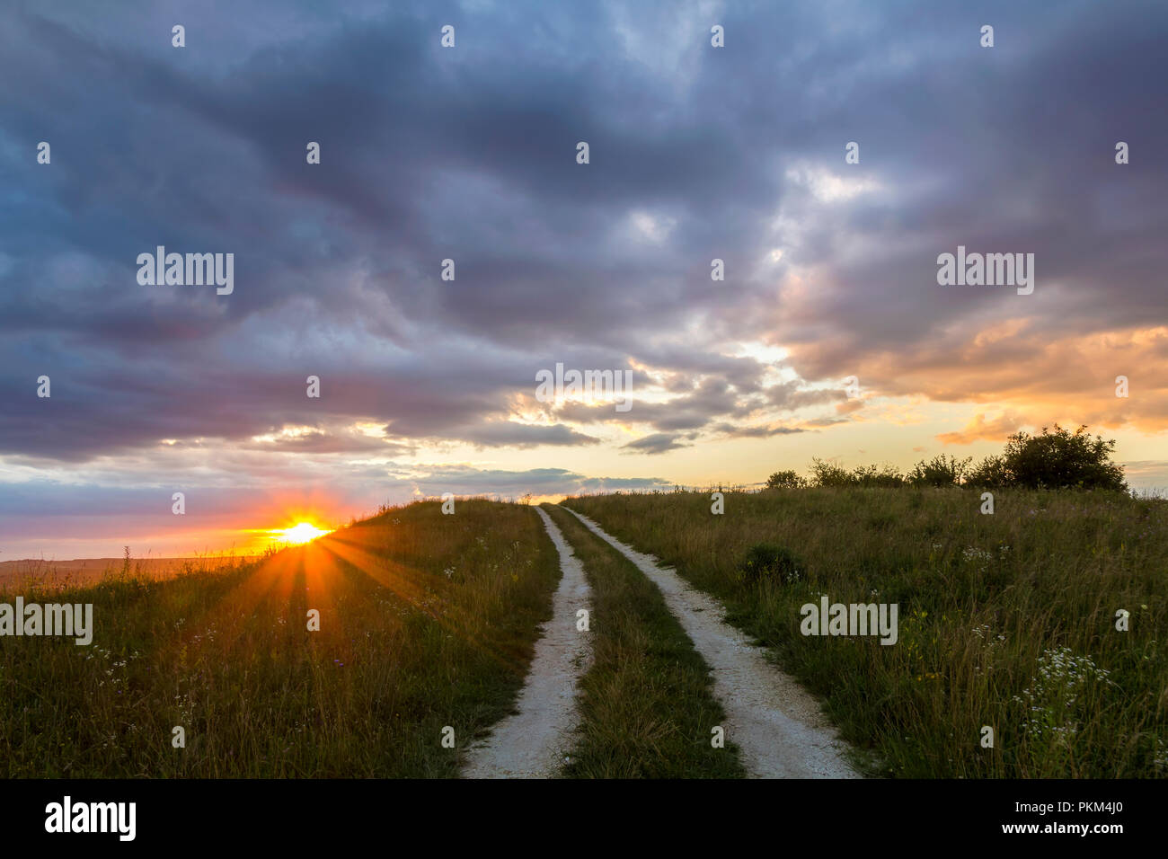 Beautiful landscape at sunset or sunrise, narrow ground road stretching ...