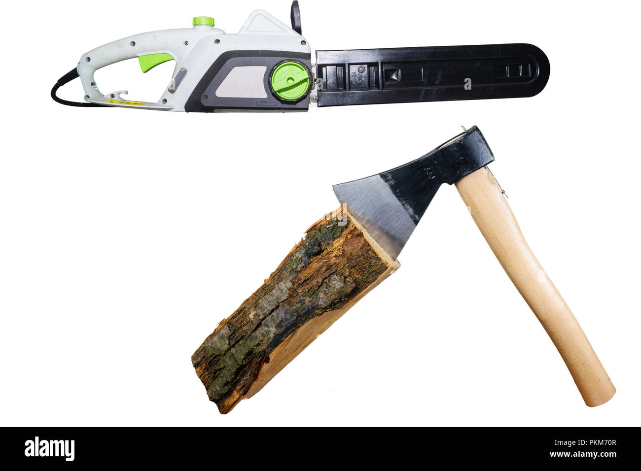 chainsaw and gloves isolated on white background Stock Photo