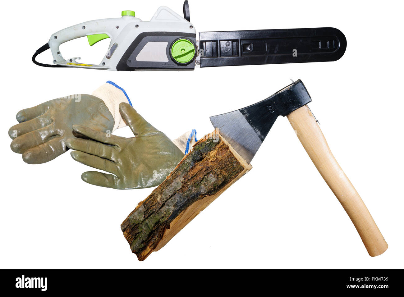 chainsaw and gloves isolated on white background Stock Photo