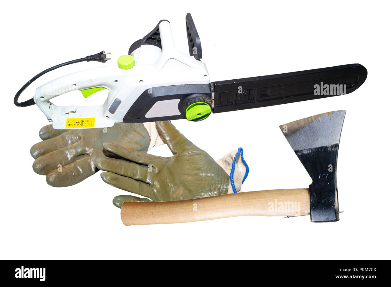 chainsaw and gloves isolated on white background Stock Photo