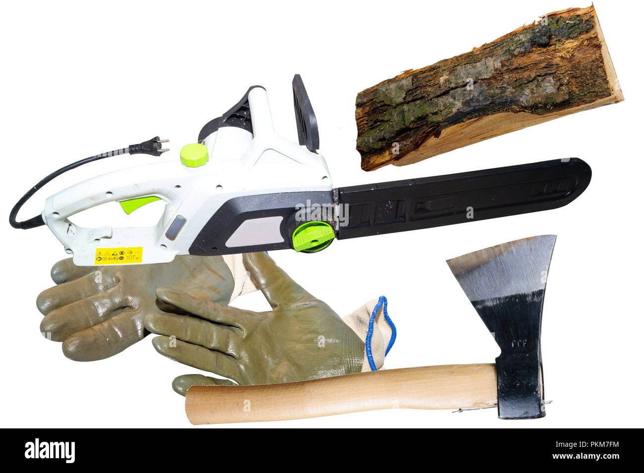chainsaw and gloves isolated on white background Stock Photo