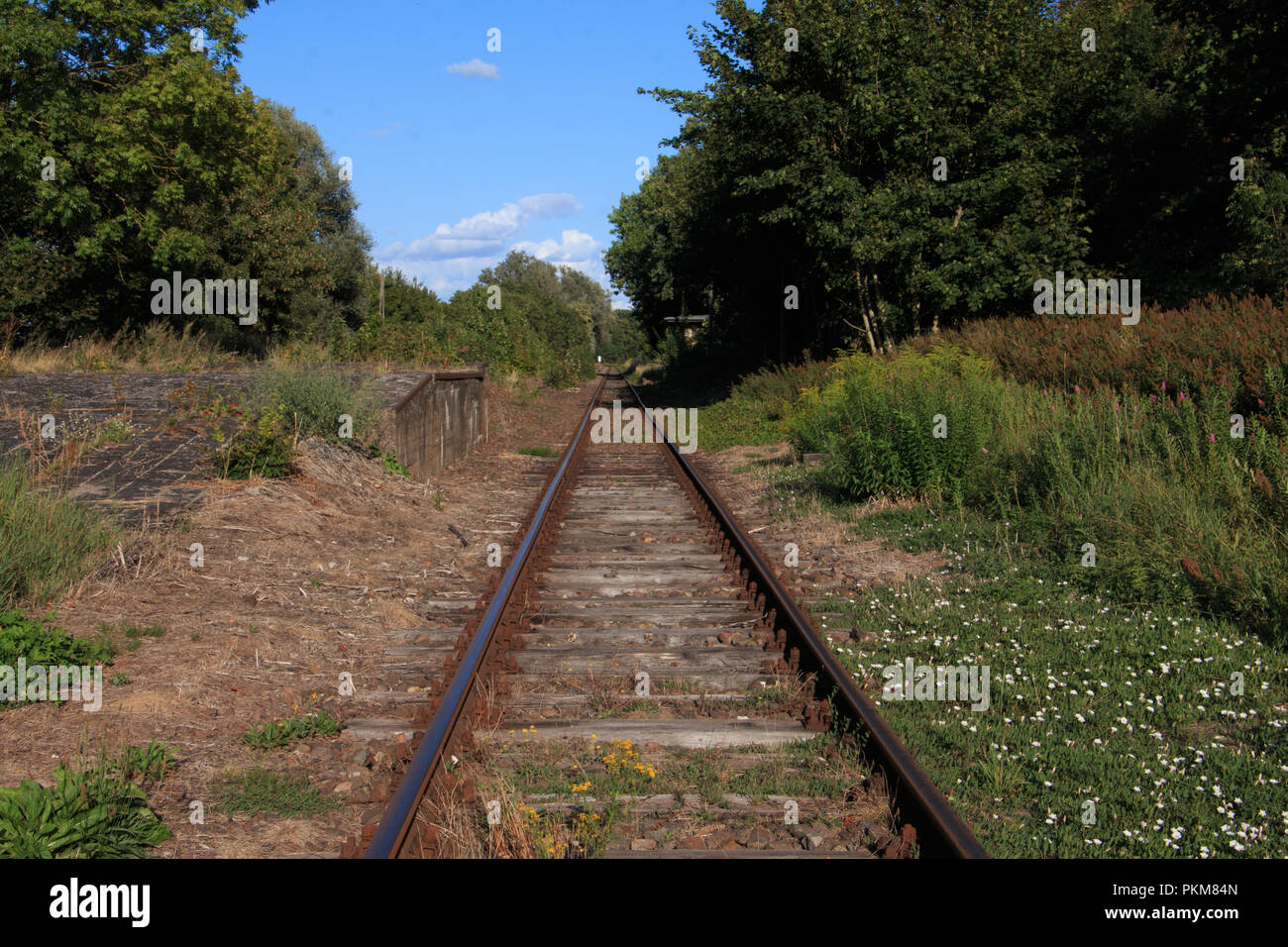 single train track on lost places trainstation Stock Photo